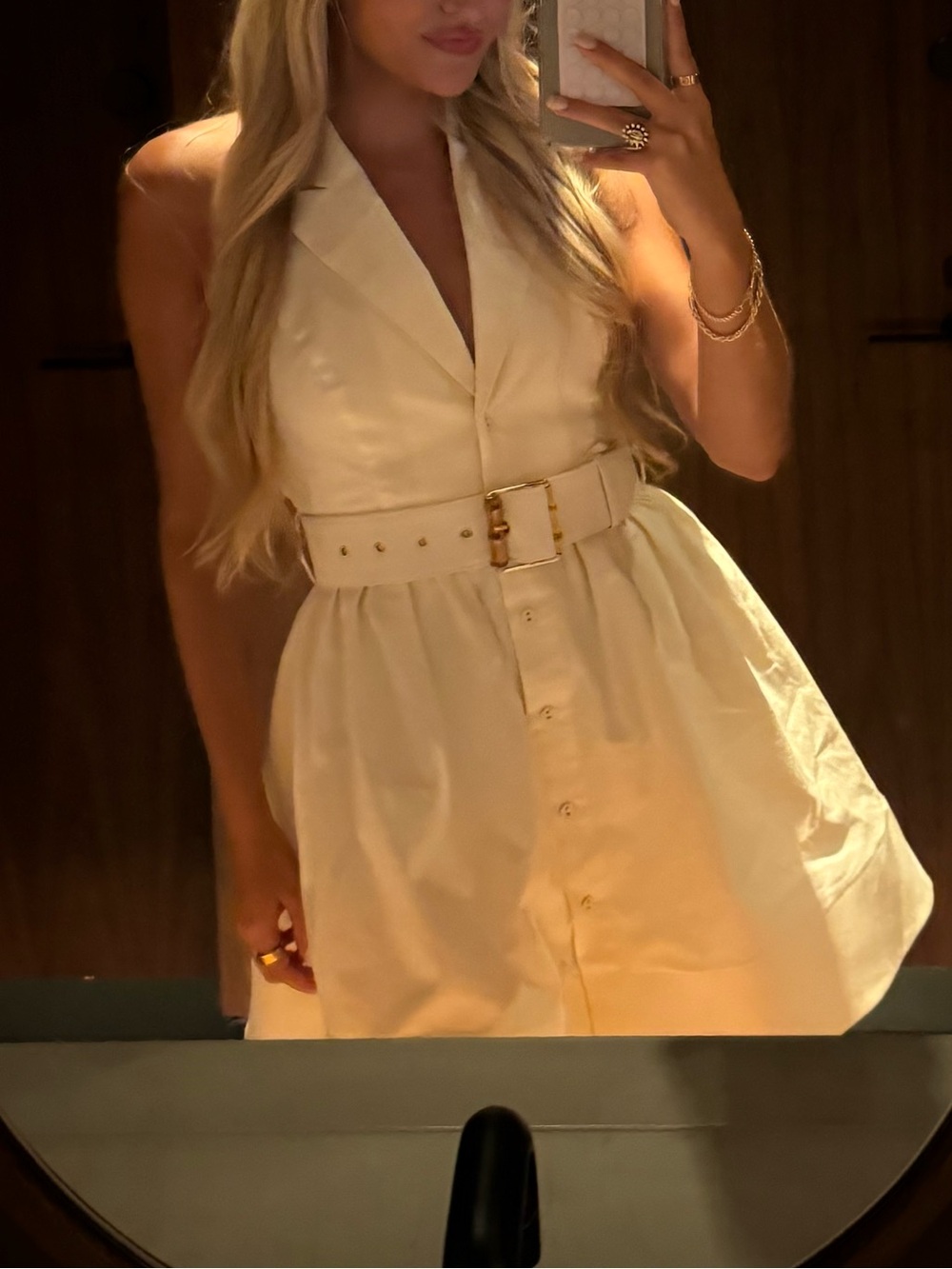 Belted Sleeveless Cream Button-Front Dress